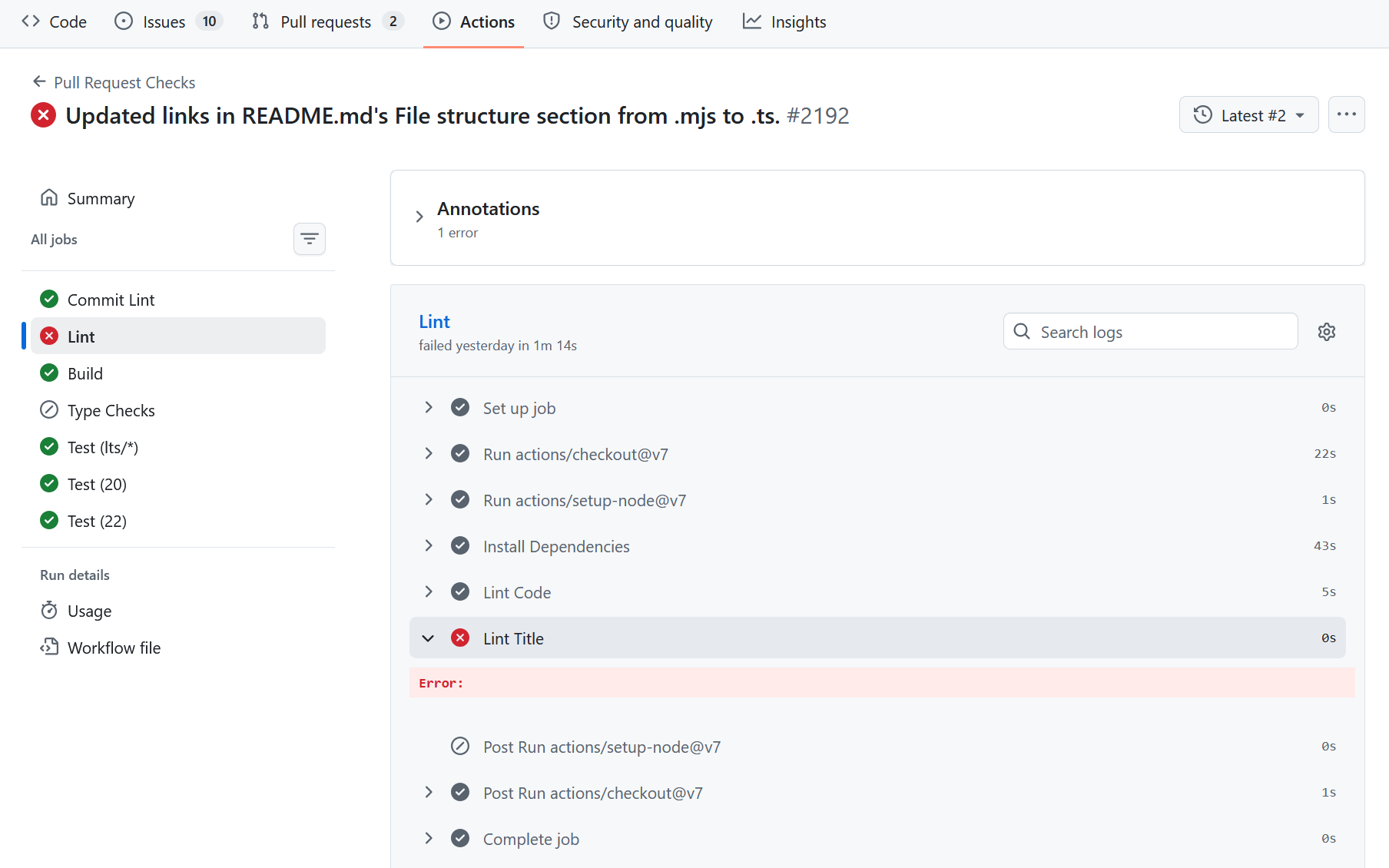 The GitHub Actions page showing the failed workflow run. A red circle with an X shows us that the failure occurred in the "Lint Title" section.