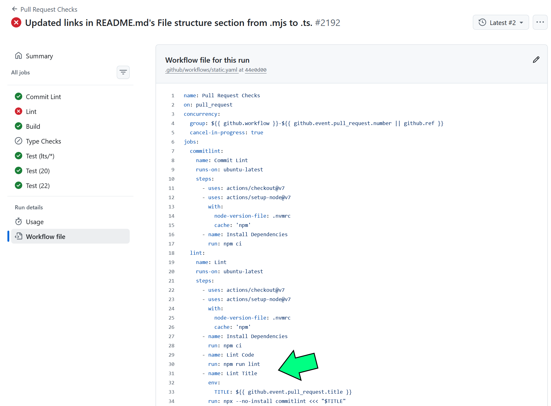 A GitHub screen capture of the first 30 lines of the workflow file, with a green arrow pointing towards the section with "Lint Title".