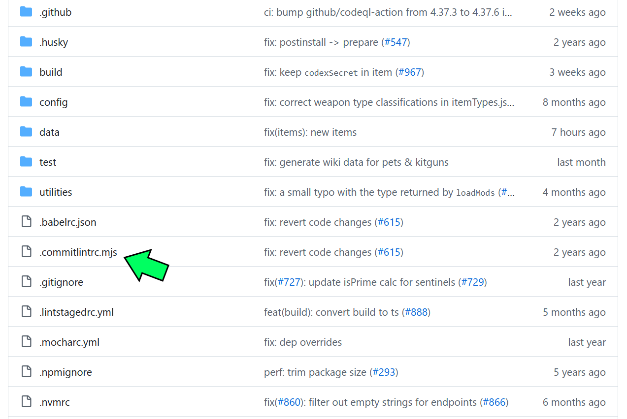A list of files and folders for the project's root directory, with a green arrow pointing towards ".commitlintrc.mjs".