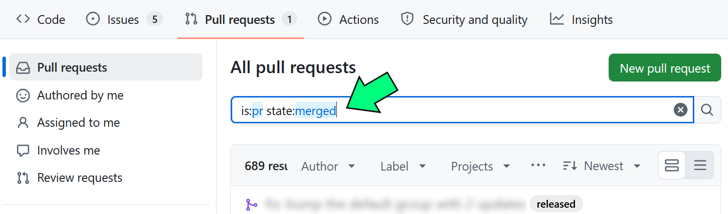 GitHub UI showing the pull requests page with the aforementioned filter applied, with a green arrow pointing towars the filter text.