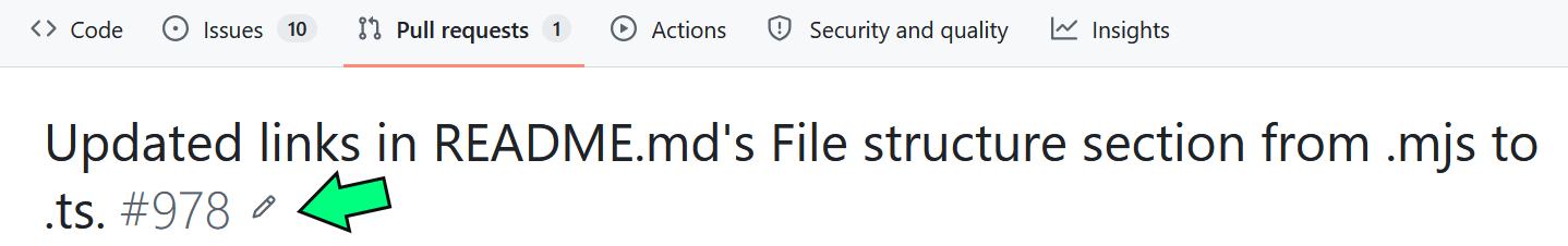 The title of our pull request in the GitHub UI, with a the pencil icon at the end and a green arrow pointing towards it.