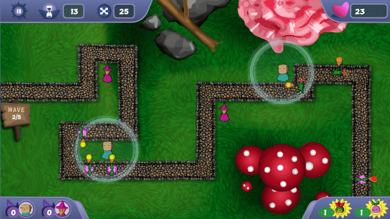 An image of the game screen, showing UI elements and critters traveling a path with nearby wizards.